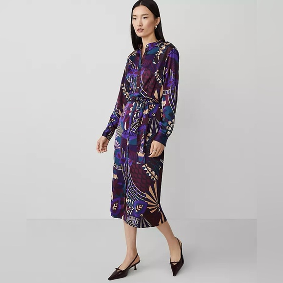 Ann Taylor Petite Botanical Floral Long Sleeve Midi Shirtdress Purple Size 2 NWT - Picture 1 of 6